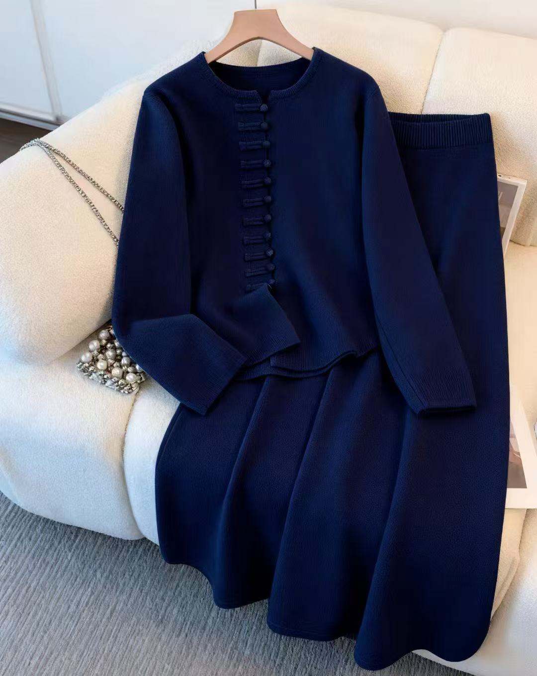 Women's Fashion Chinese Style Solid Color High Sense Sweater Mid-length Dress Set