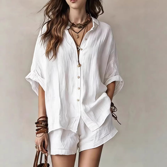 Womens Casual Two-Piece Set Shirt Shorts