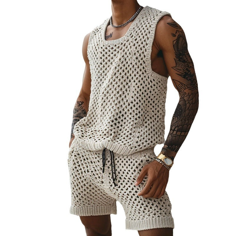Casual Vertical Pattern Suit Slim Lapel Short Sleeve Button Shirt Shorts