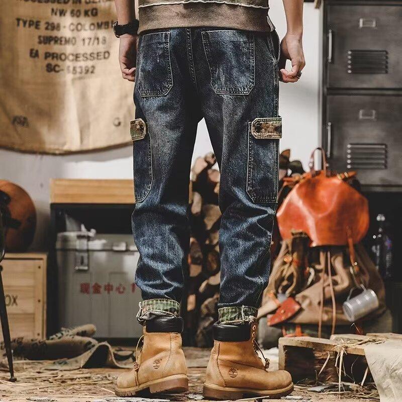 American-style Heavy Distressed Cargo Jeans Men's Loose
