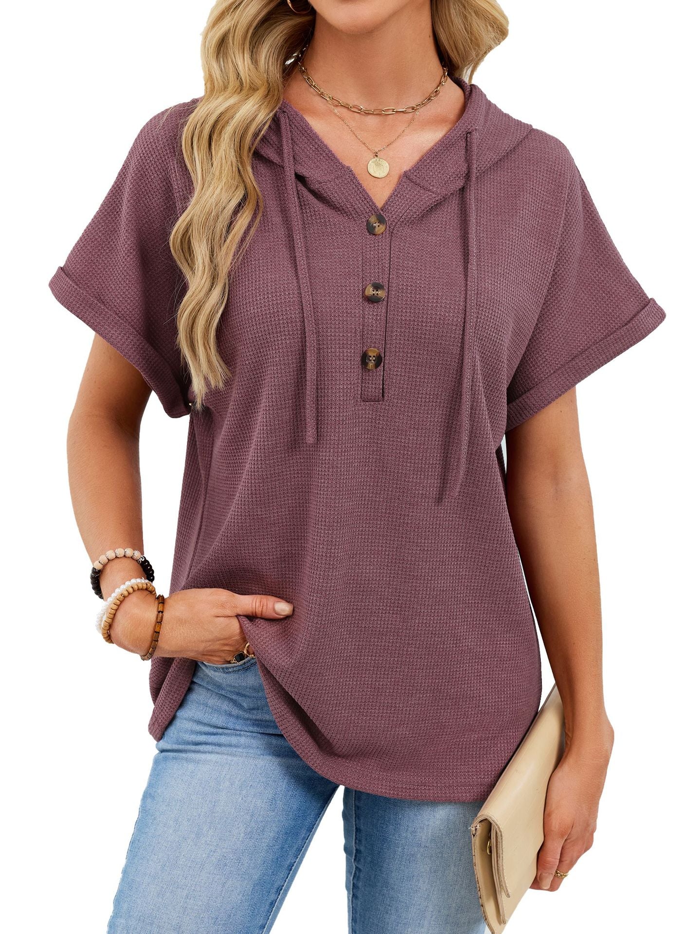 Womens Waffle-Weave Hooded Drawstring Short-Sleeve Top With Buttons