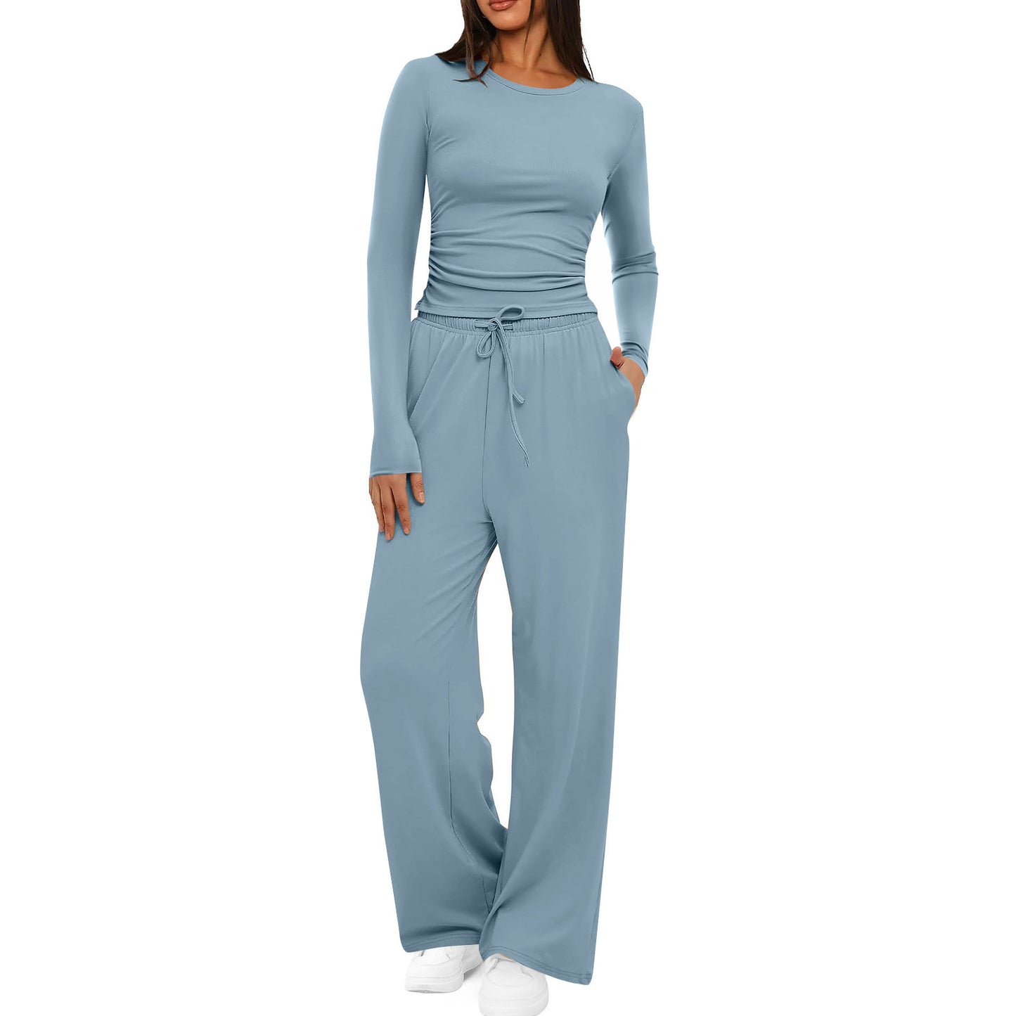 Womens Solid-Color Casual Top And Pants Set