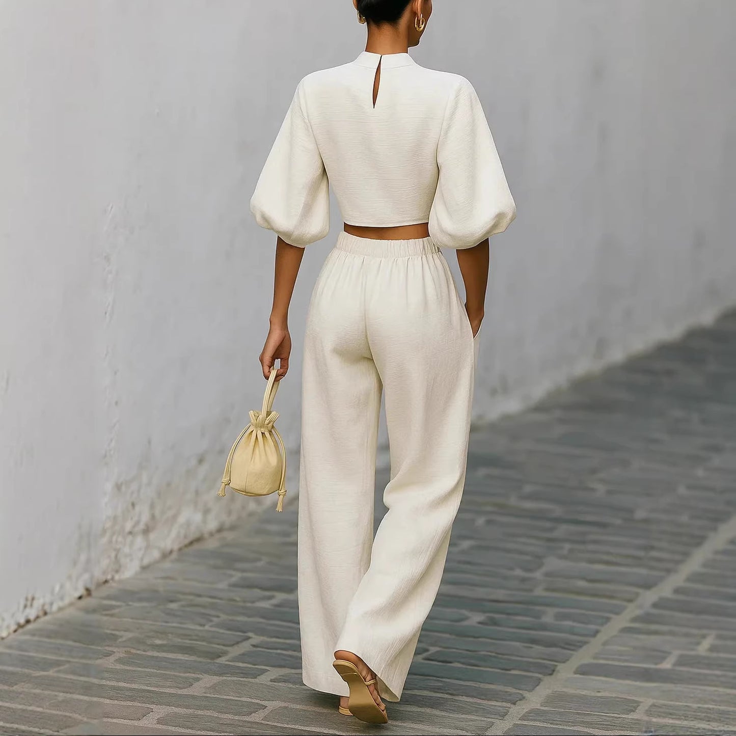 Womens Short Top And High-Waisted Casual Pants Two-Piece Set