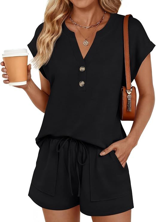 Solid-color V-neck Button-front Short-sleeve Shorts Set