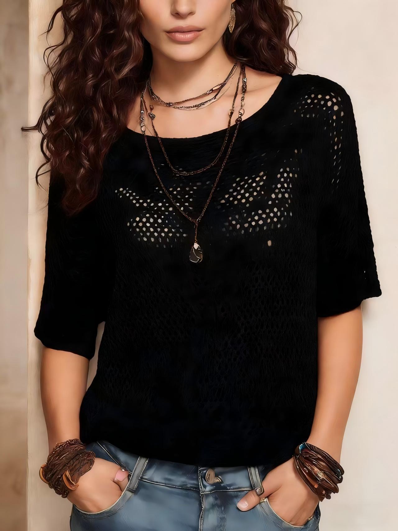 Womens Short-sleeve Knitted Openwork Beach Tunic