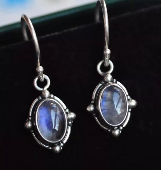 S925 Sterling Silver Earrings Inlaid Natural Moonstone Earrings Blue Light Retro Compact Women