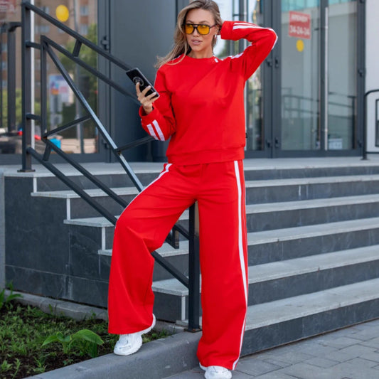 Womens Striped Loose-Fit Long-Sleeve Half-Zip Hoodie With Drawstring And Matching Sweatpants Set