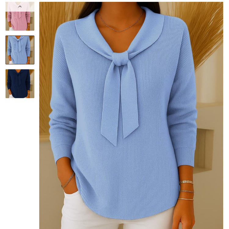 Women's Solid Color Loose And Knitted Bow Sweater