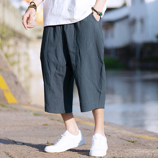 Linen Cropped Pants Mens Summer Thin Loose Plus Size
