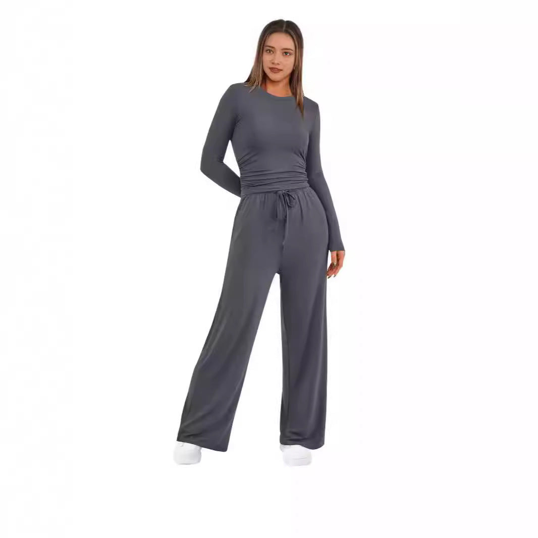 Womens Solid-Color Casual Top And Pants Set