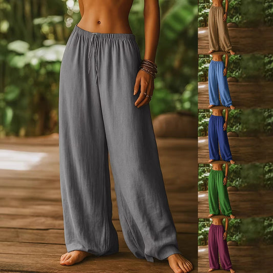 Women's Cotton And Linen Loose Pure Color Elastic Waist Pocket Straight Casual Pants