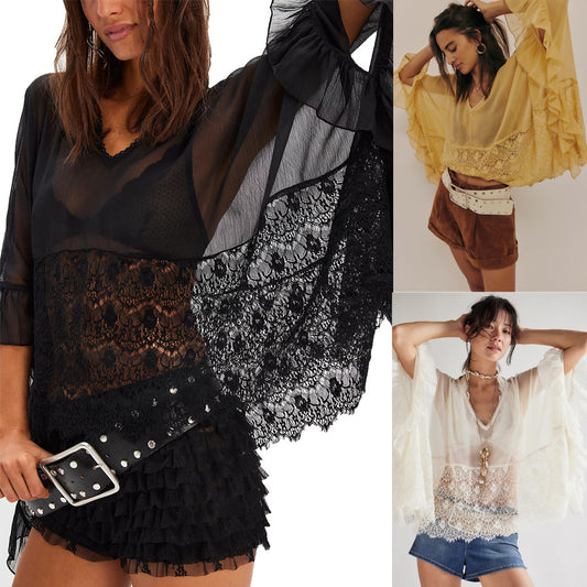 Womens Mesh Blouse With Batwing Sleeves Loose-Fit Beach Sun-Protective Top Patchwork Lace Blouse