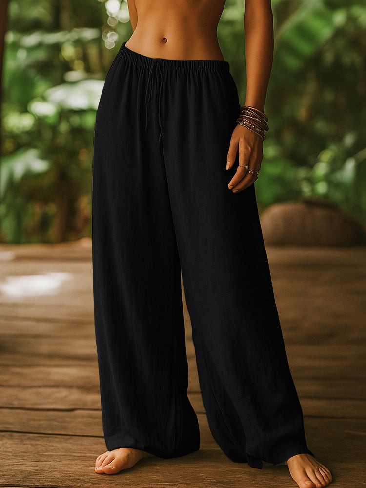Women's Cotton And Linen Loose Pure Color Elastic Waist Pocket Straight Casual Pants