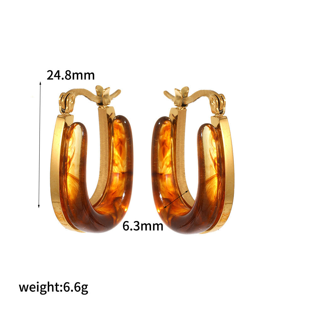 Mild Luxury Retro Resin Stainless Steel Earrings Women's High-grade Amber 18K Gold Plated Ear Clip