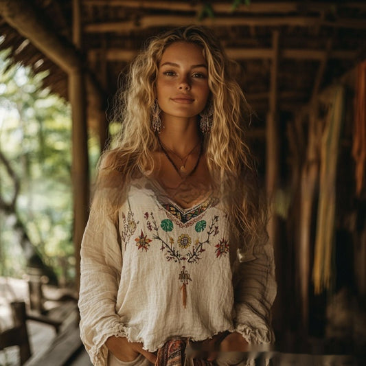 Womens Digital-Print V-Neck Long-Sleeve Casual T-Shirt