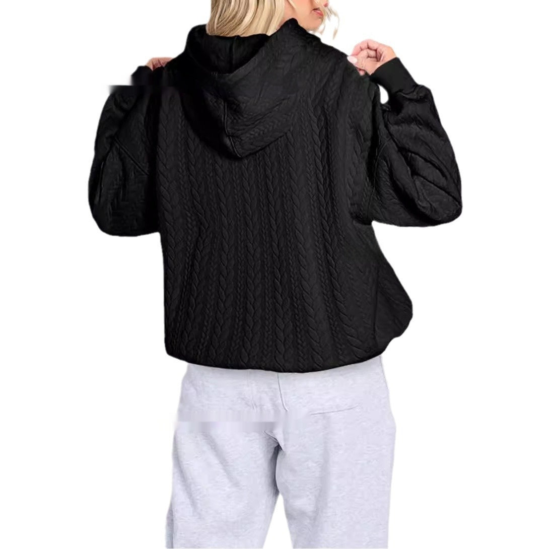 Women's Solid Color Casual Hoodie With Cable Knit Texture