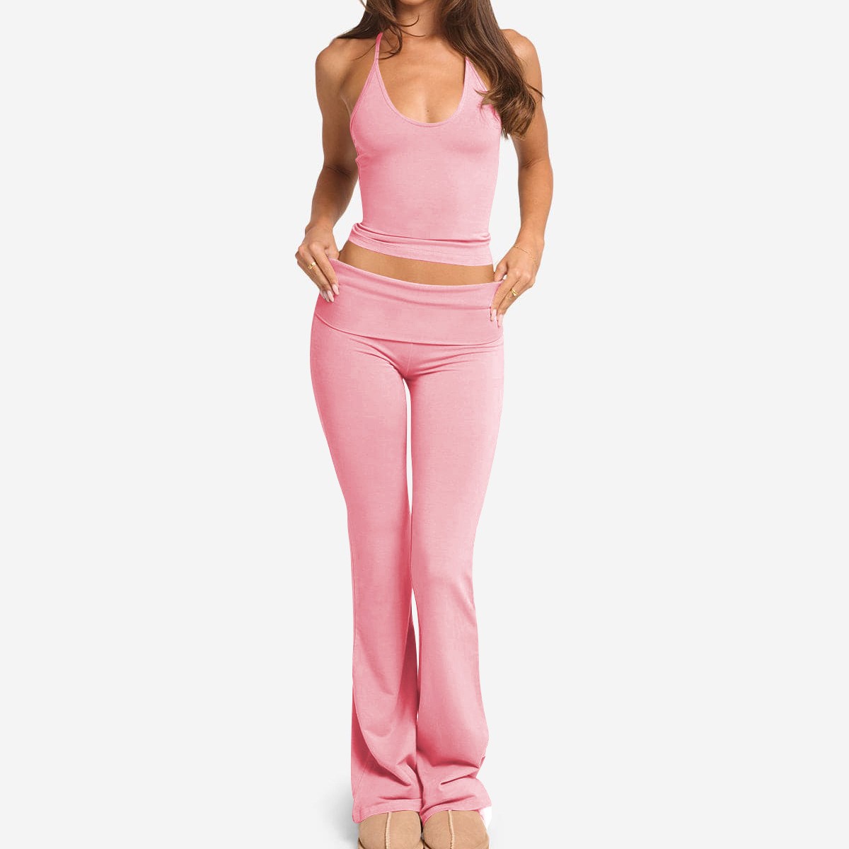 Fashionable Solid-Color Two-Piece Set With Strap Neck Tie