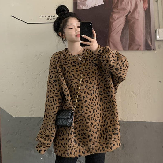Women's Leopard-print Crewneck Fleece-lined Hoodie