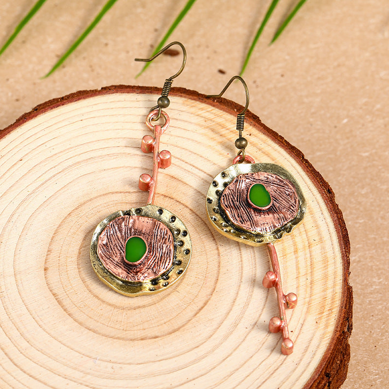 Retro Creative Asymmetric Bronze Special-interest Design Inlaid Gemstone Earrings