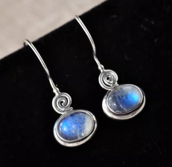 S925 Sterling Silver Earrings Inlaid Natural Moonstone Earrings Blue Light Retro Compact Women