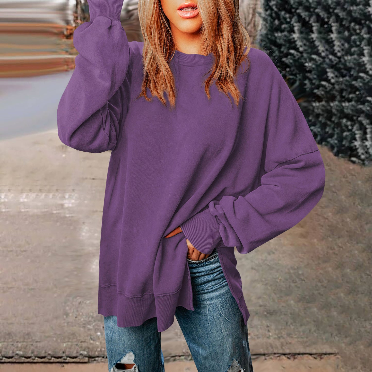 Solid-color Pullover Crewneck Sweatshirt Casual Versatile Style Extra-long Figure-flattering Long-sleeve Top