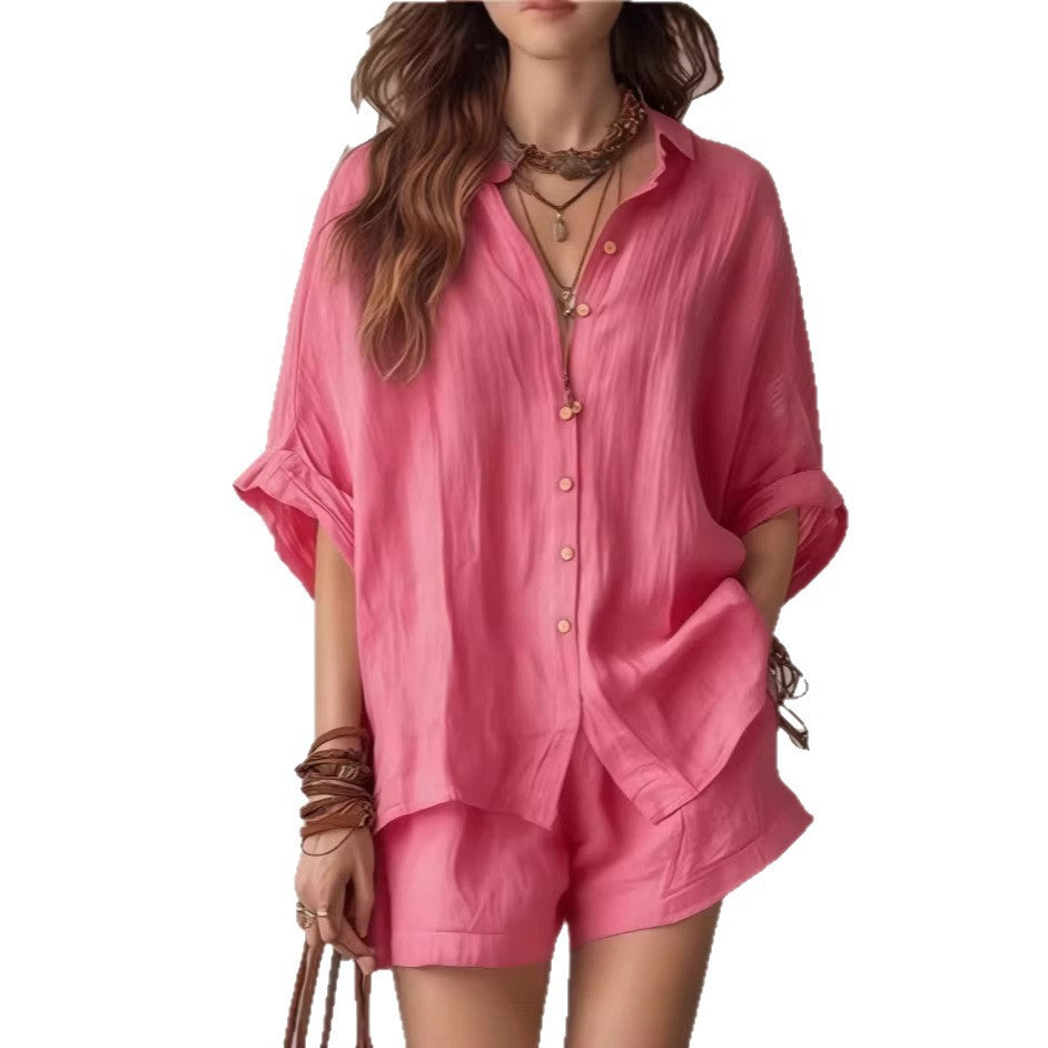 Womens Casual Two-Piece Set Shirt Shorts