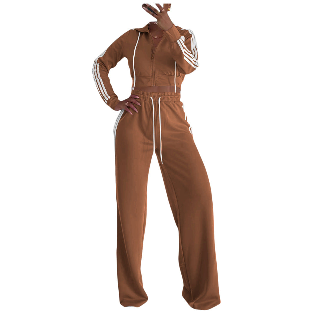 Stylish Casual Two-piece Set With A Hooded Zip-up Top