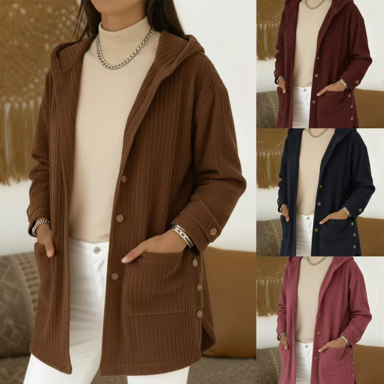 Women's Loose Hooded Corduroy Casual Jacket