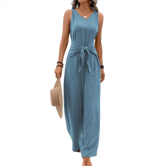 Womens V-neck Sleeveless Wide-leg Jumpsuit