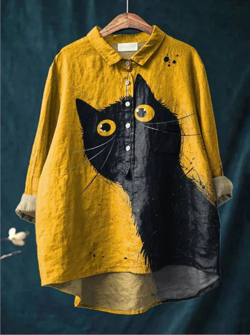 Womens Summer Loose-Fit Printed Lapel Casual European-Size Shirt