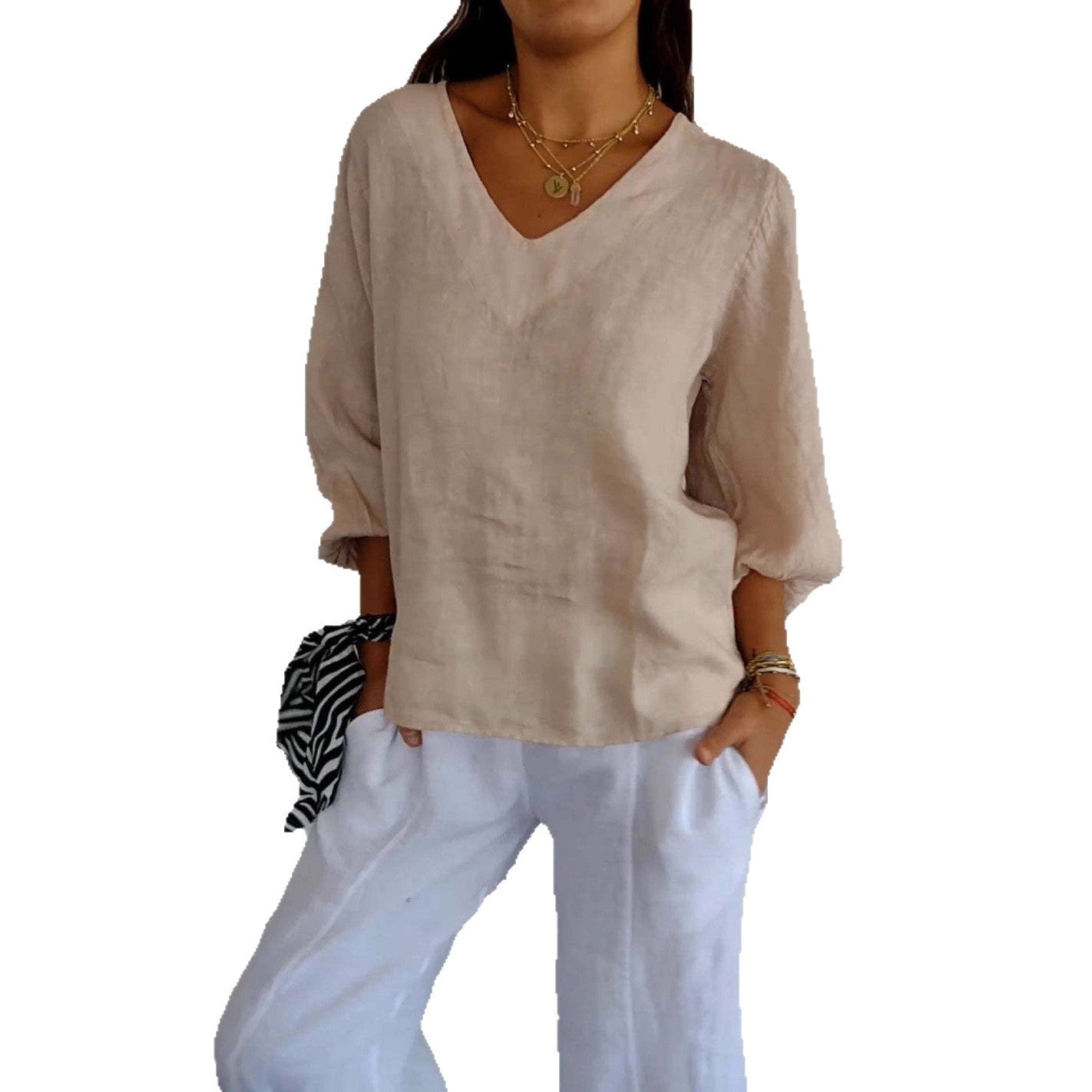 Womens Solid-Color V-Neck Long-Sleeve T-Shirt