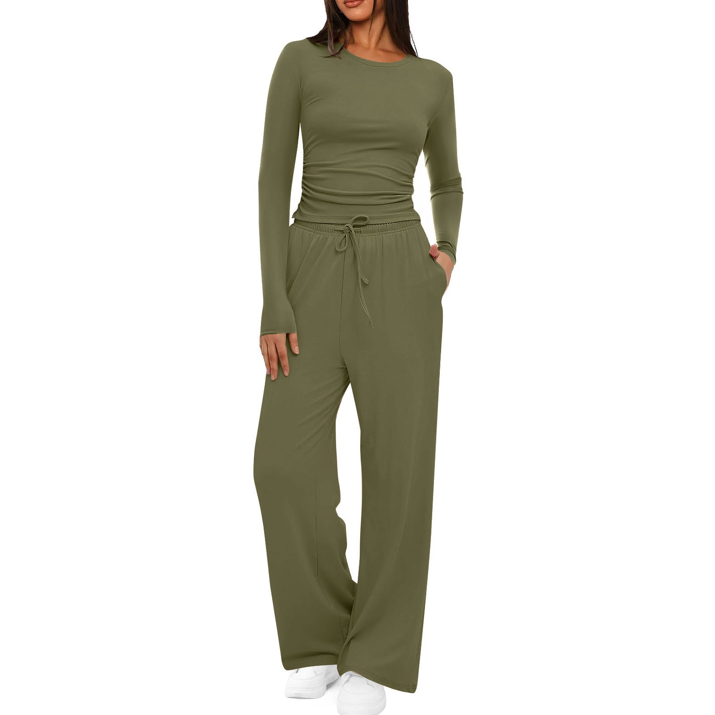 Womens Solid-Color Casual Top And Pants Set