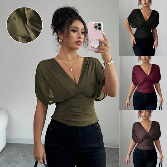 Solid-color Deep V-neck Short-sleeve Waist-cinching Top For Women