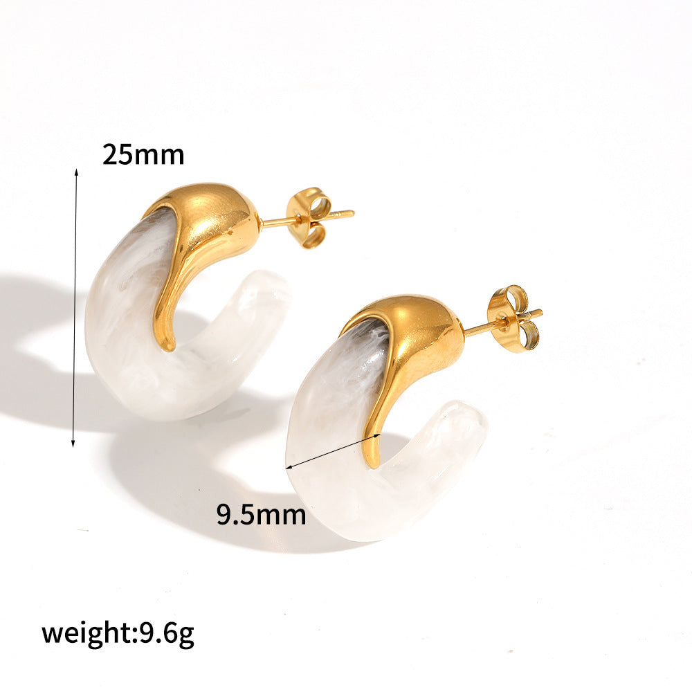 Mild Luxury Retro Resin Stainless Steel Earrings Women's High-grade Amber 18K Gold Plated Ear Clip