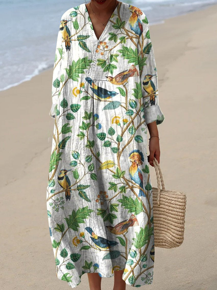 Resort Style Printed Long Sleeve For Women Loose Fitting V Neck Maxi Dress