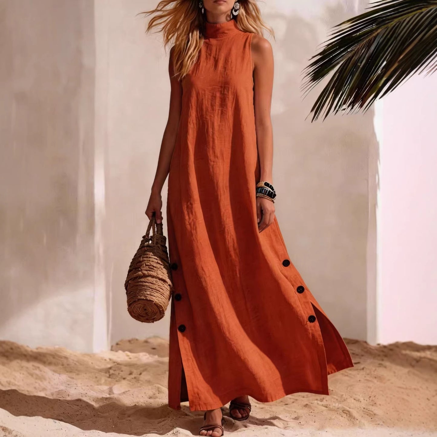 Casual Solid-Colored Cotton-Linen Sleeveless Mid-Length Dress With Side Slits