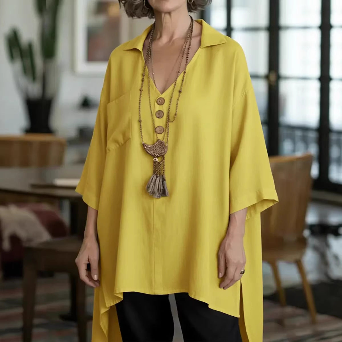 Loose-fit Cotton-linen Top With Buttons For Women