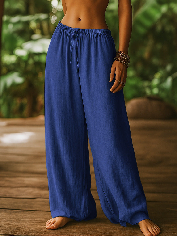 Women's Cotton And Linen Loose Pure Color Elastic Waist Pocket Straight Casual Pants