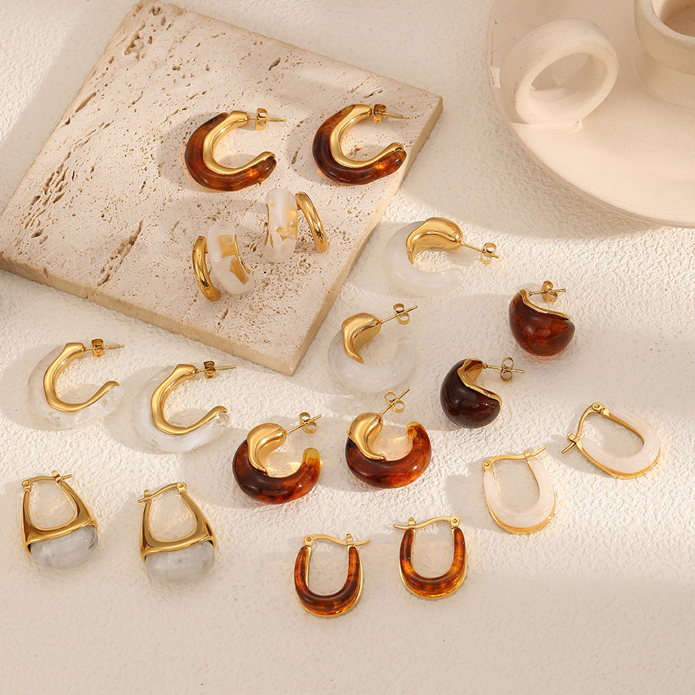 Mild Luxury Retro Resin Stainless Steel Earrings Women's High-grade Amber 18K Gold Plated Ear Clip