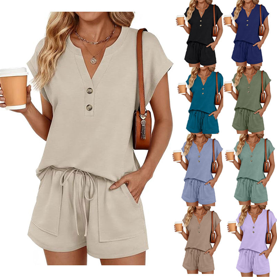 Solid-color V-neck Button-front Short-sleeve Shorts Set