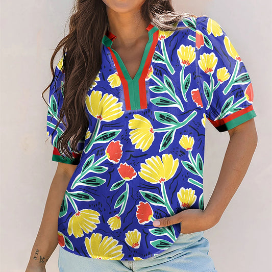 Womens Loose-fit Printed Pullover With V-neck And Short Sleeves