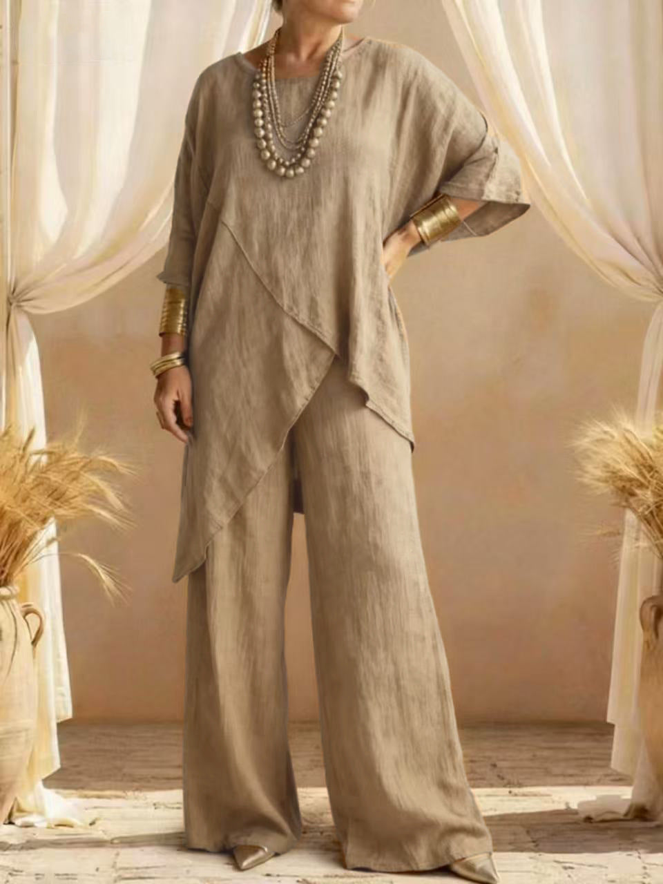 Womens Cotton-linen Crew-neck Loose Casual Two-piece Set