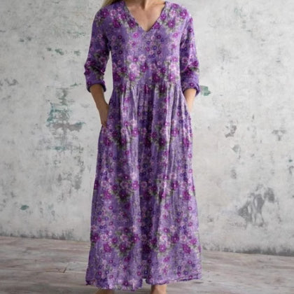 Womens Loose Stylish High-End V-Neck Printed Dress