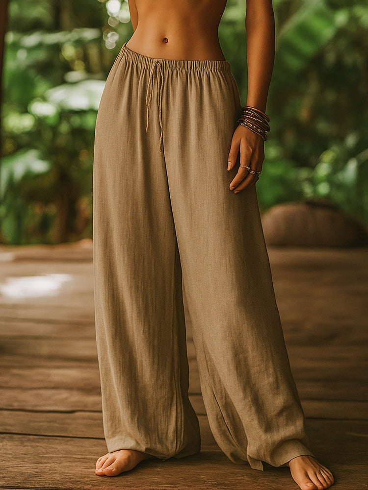 Women's Cotton And Linen Loose Pure Color Elastic Waist Pocket Straight Casual Pants