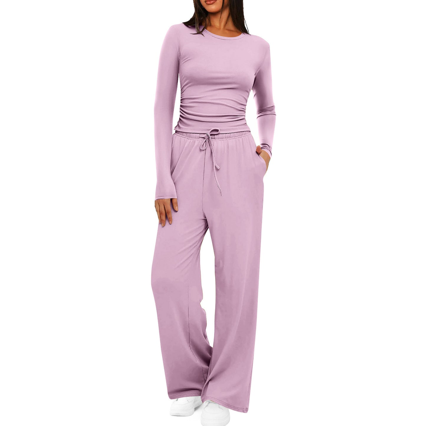 Womens Solid-Color Casual Top And Pants Set