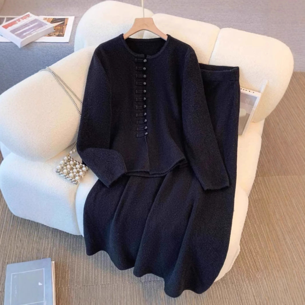 Women's Fashion Chinese Style Solid Color High Sense Sweater Mid-length Dress Set