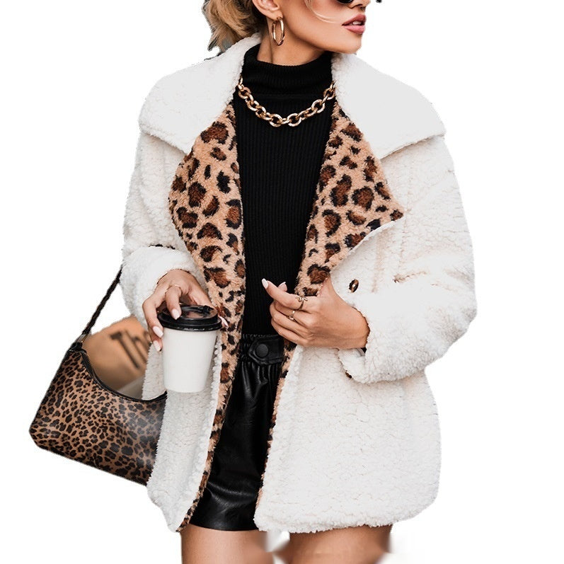 Women's Clothing Leopard Splicing Plush Long Sleeve Coat