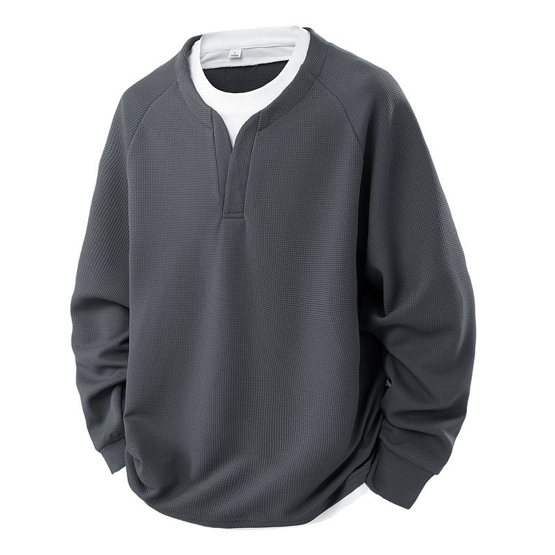 Contrast Colors False-two-piece Trendy V-neck Waffle Sweater Casual All-matching Tops