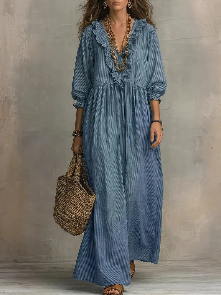 Womens Striped Ruffle-Trimmed Loose High-Waist V-Neck Dress
