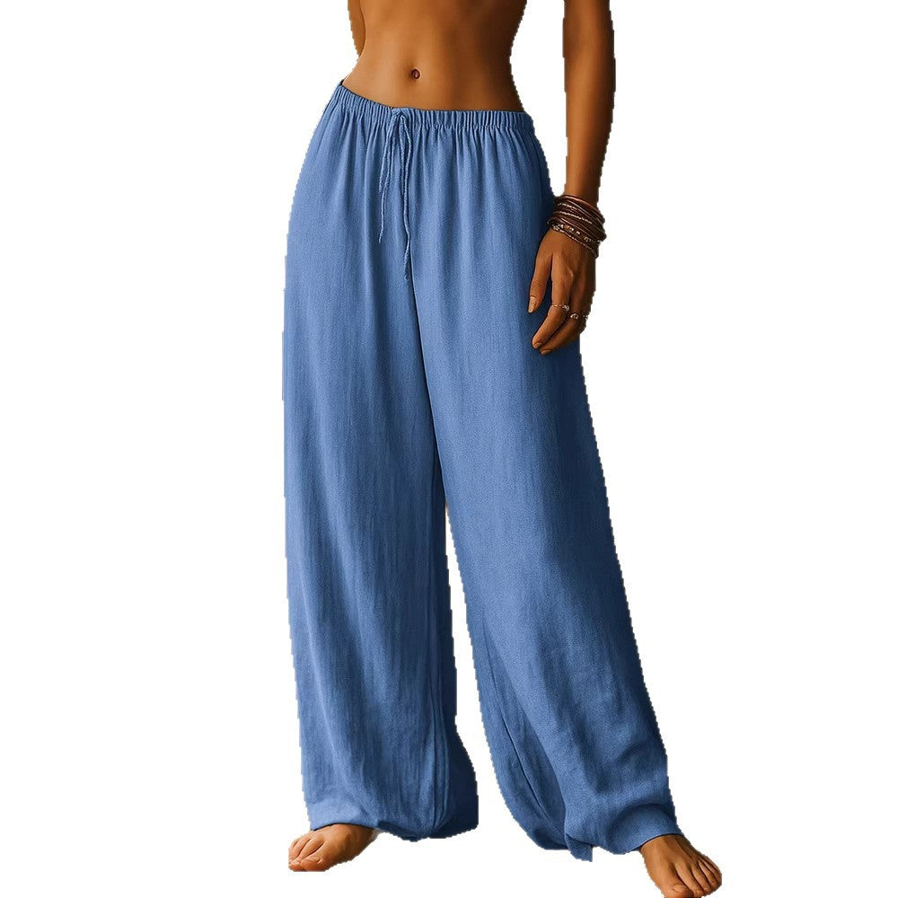Women's Cotton And Linen Loose Pure Color Elastic Waist Pocket Straight Casual Pants